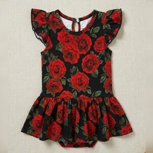 Baby Romper Dress 18-24M Black Red Bamboo Stretchy Rose Floral Cute